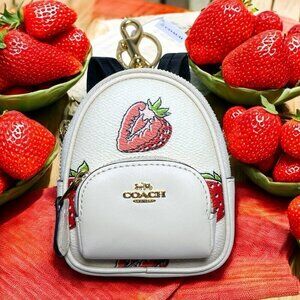 Coach Strawberry Print Mini Backpack Bag Keychain Coin Purse Charm NWT